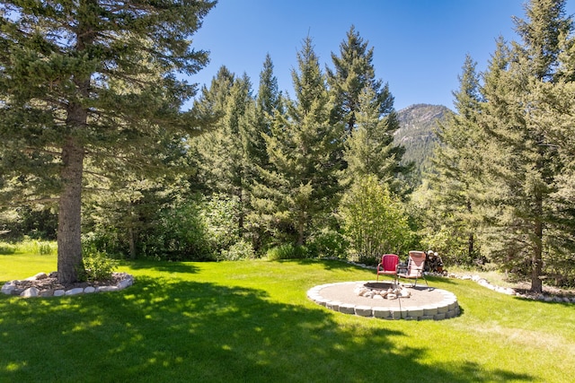 view of yard with an outdoor fire pit and a mountain view