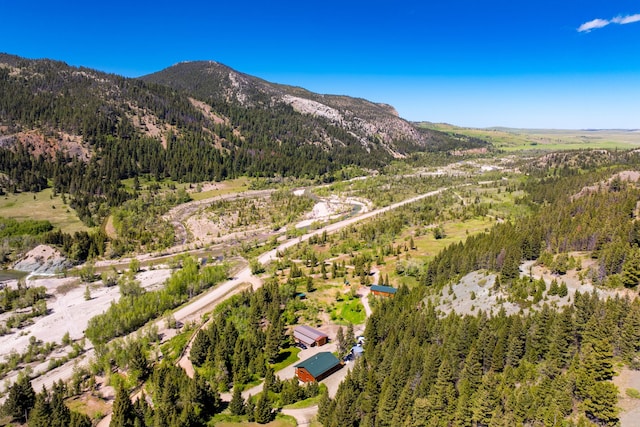 birds eye view of property featuring a forest view and a mountain view