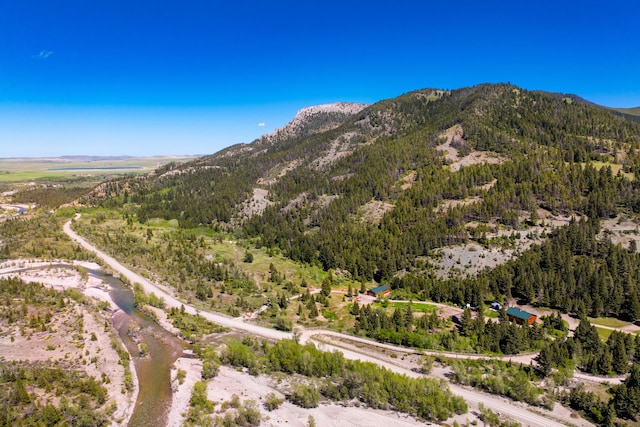 birds eye view of property featuring a mountain view and a view of trees