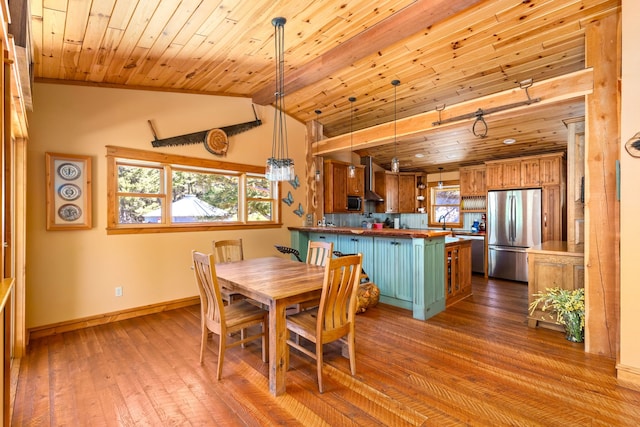 dining room featuring wooden ceiling, dark wood-style flooring, vaulted ceiling, and a wealth of natural light