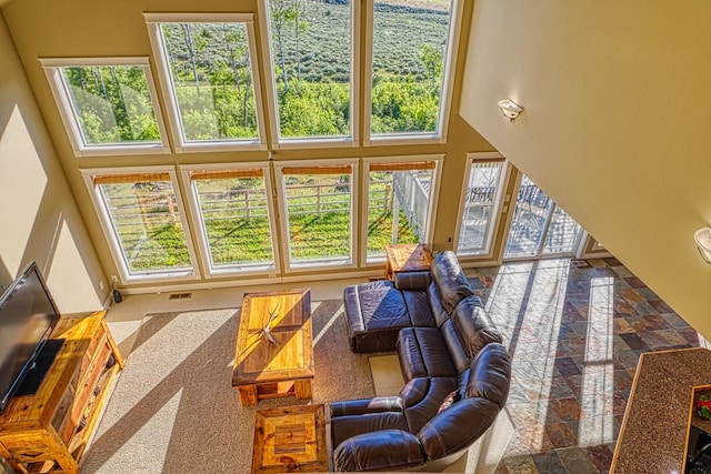 living room with a high ceiling and a healthy amount of sunlight