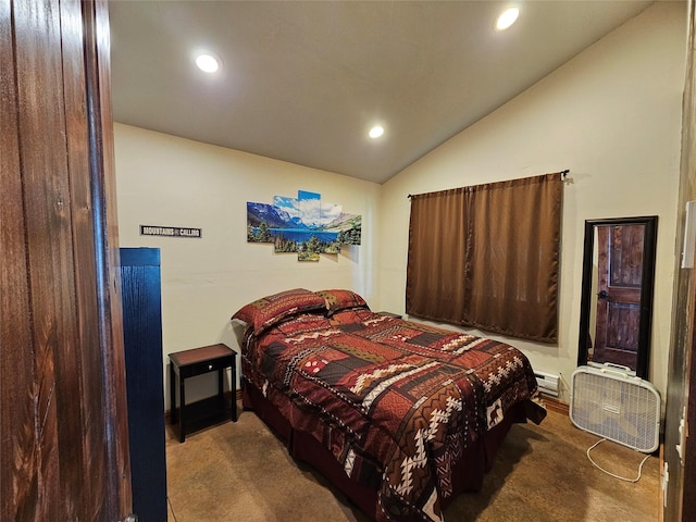 bedroom featuring lofted ceiling, a baseboard radiator, carpet flooring, and recessed lighting