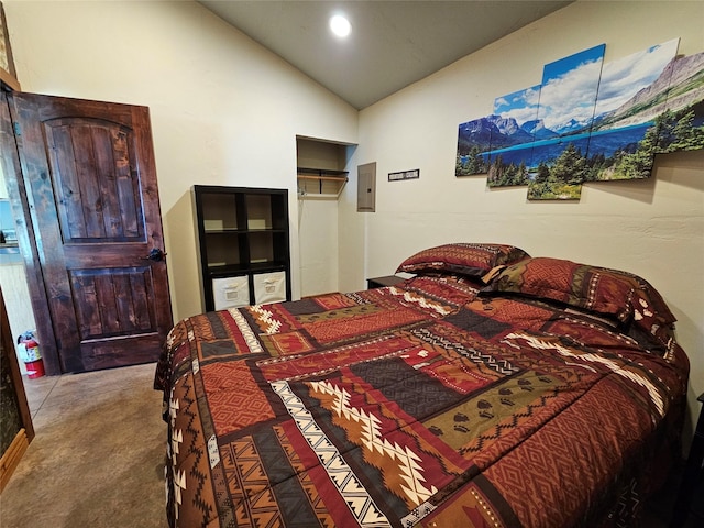 bedroom with electric panel and vaulted ceiling