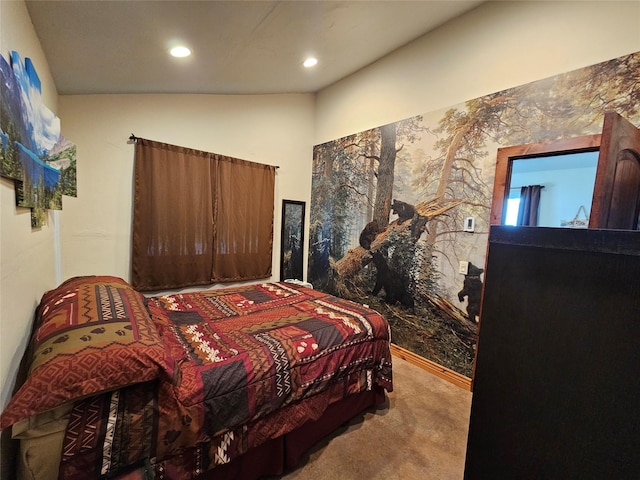 bedroom with light carpet, recessed lighting, and lofted ceiling