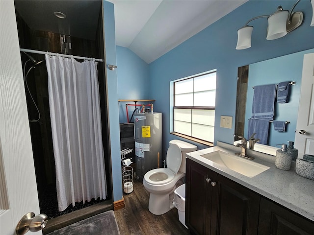 bathroom with lofted ceiling, wood finished floors, vanity, a shower stall, and water heater