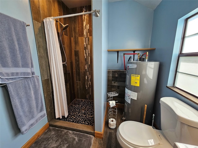 bathroom featuring water heater, a shower stall, and toilet