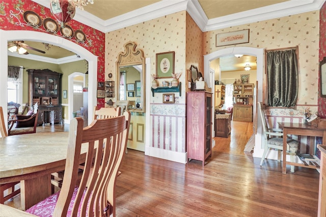 dining space with ceiling fan, hardwood / wood-style floors, a healthy amount of sunlight, and ornamental molding