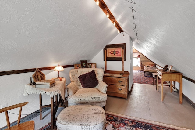 sitting room with track lighting and vaulted ceiling