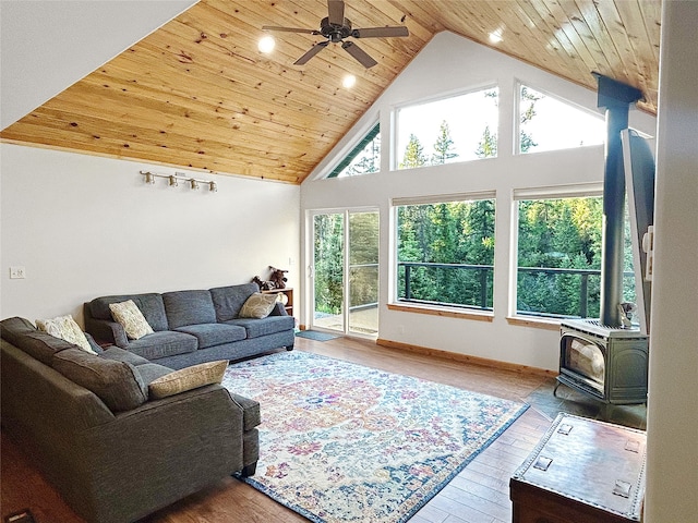 living area featuring a wood stove, wood ceiling, high vaulted ceiling, and wood finished floors