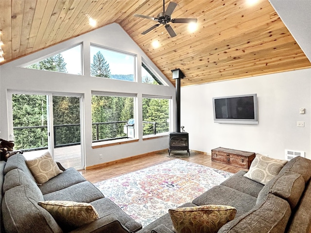 living area featuring light wood-type flooring, a wood stove, and wooden ceiling