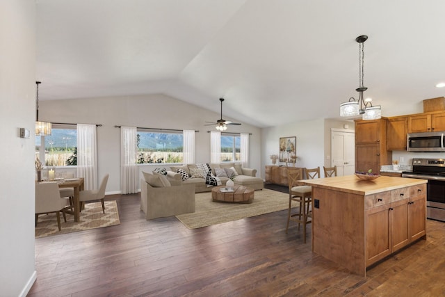 kitchen with a wealth of natural light, pendant lighting, stainless steel appliances, and a kitchen island