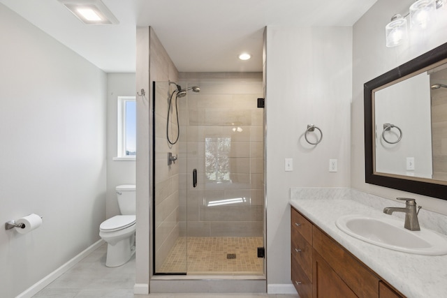 bathroom with toilet, vanity, tile patterned floors, and a shower with door