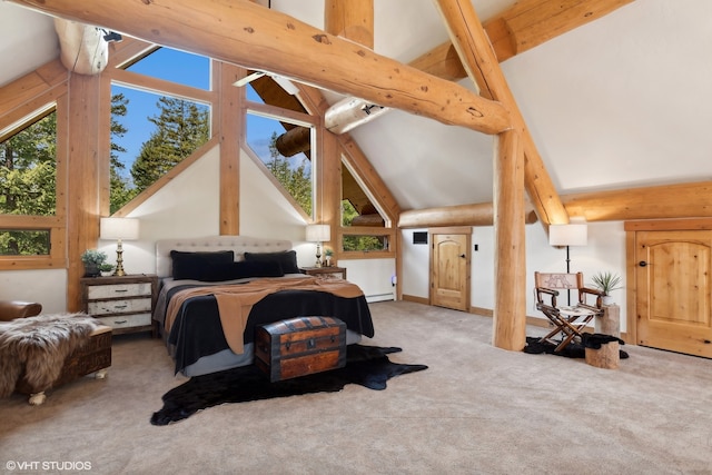 carpeted bedroom featuring beamed ceiling, baseboard heating, high vaulted ceiling, and multiple windows