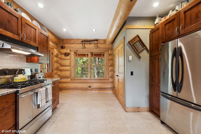 kitchen with light stone countertops, log walls, stainless steel appliances, decorative backsplash, and light tile patterned flooring