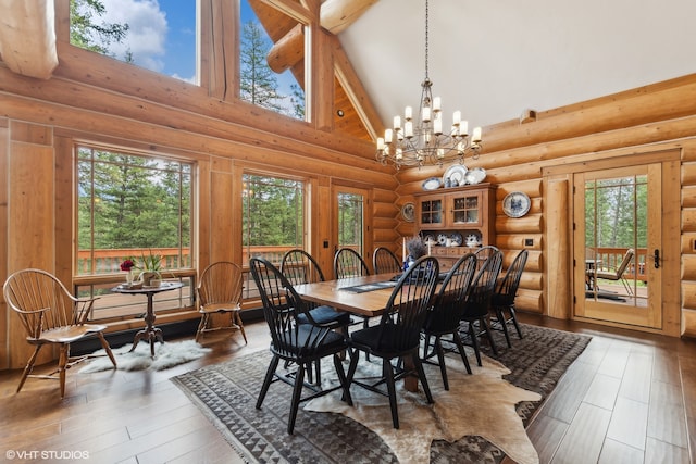 dining room featuring log walls, dark hardwood / wood-style flooring, high vaulted ceiling, beamed ceiling, and a notable chandelier