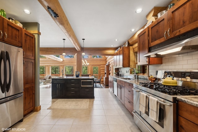 kitchen with sink, hanging light fixtures, decorative backsplash, beamed ceiling, and stainless steel appliances