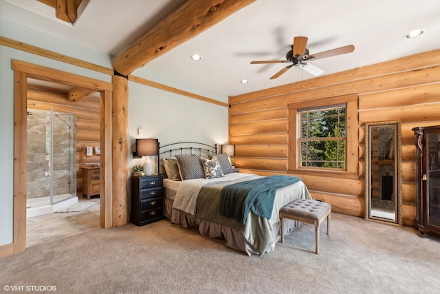 carpeted bedroom with beamed ceiling, rustic walls, and ceiling fan