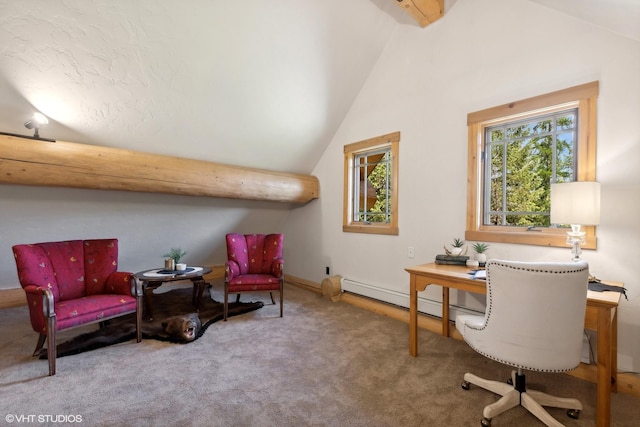 carpeted home office featuring lofted ceiling with beams and a baseboard radiator