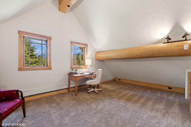 home office featuring lofted ceiling with beams, carpet floors, and baseboard heating