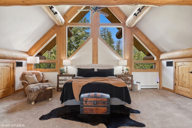 carpeted bedroom featuring beam ceiling, baseboard heating, and multiple windows