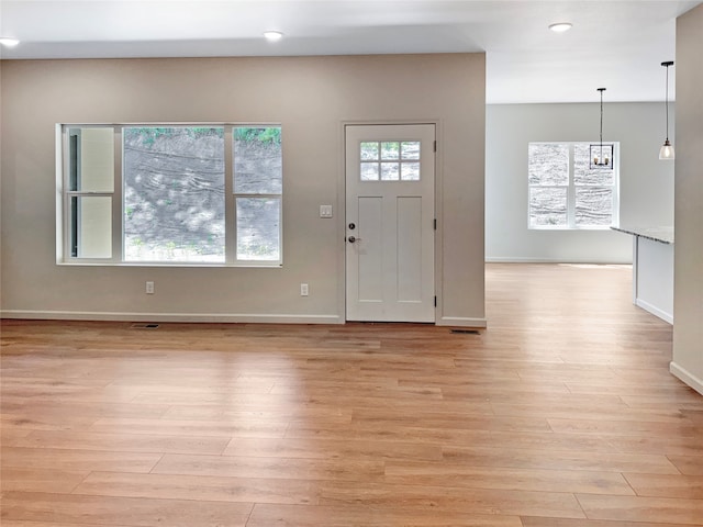 entrance foyer featuring a wealth of natural light and light hardwood / wood-style flooring