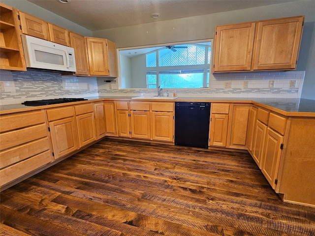 kitchen with sink, tasteful backsplash, gas cooktop, dark hardwood / wood-style floors, and black dishwasher