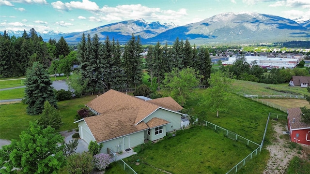 drone / aerial view featuring a mountain view