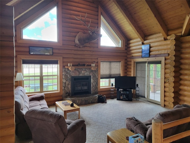 living room with beam ceiling, log walls, high vaulted ceiling, and wood ceiling