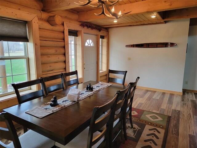 dining area featuring plenty of natural light, log walls, wood ceiling, and dark hardwood / wood-style floors