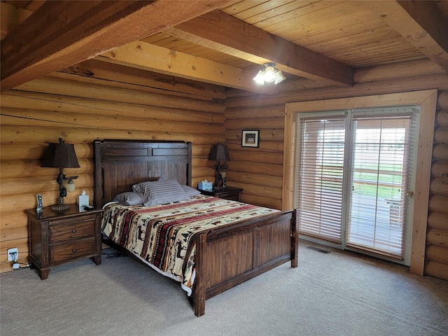 carpeted bedroom with beam ceiling, rustic walls, ceiling fan, and wood ceiling