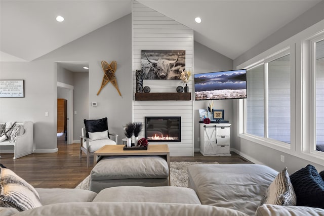 living room with dark wood-type flooring, lofted ceiling, and a fireplace