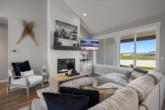 living room with hardwood / wood-style flooring, vaulted ceiling, and a large fireplace