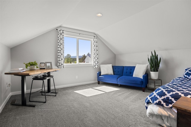 bedroom featuring vaulted ceiling and carpet floors