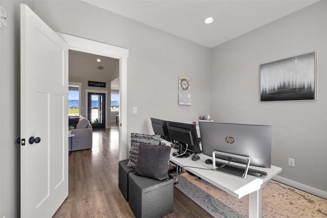 home office with wood-type flooring