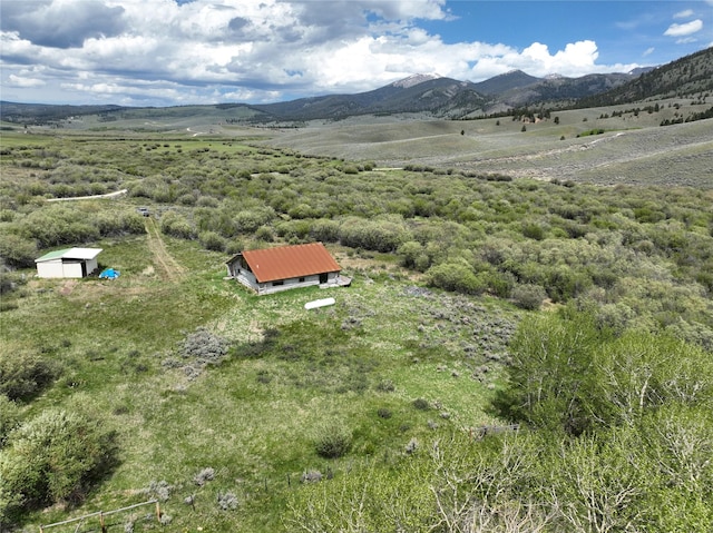 birds eye view of property featuring a mountain view and a rural view