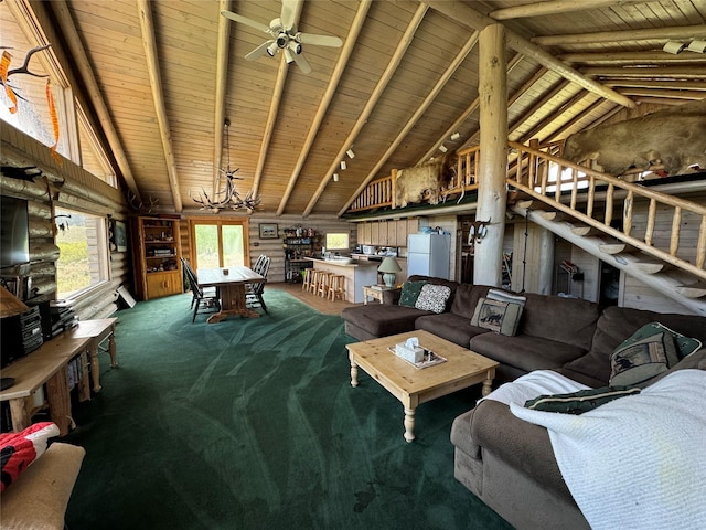 living room with wood ceiling, ceiling fan, high vaulted ceiling, carpet floors, and beamed ceiling