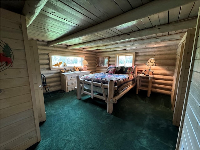 carpeted bedroom with beam ceiling, log walls, and wooden ceiling