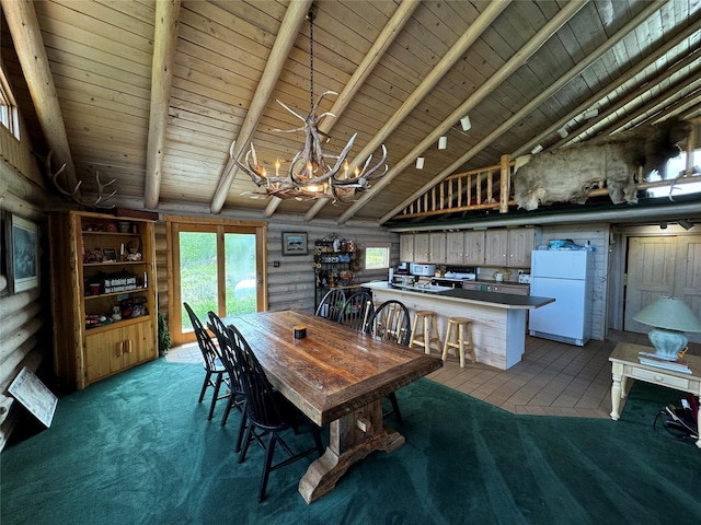 dining space with rustic walls, high vaulted ceiling, wooden ceiling, a notable chandelier, and beamed ceiling