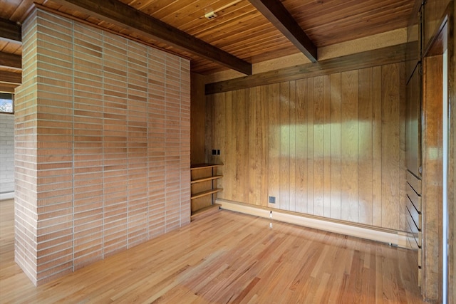 unfurnished room with beam ceiling, wooden ceiling, wooden walls, and light wood finished floors