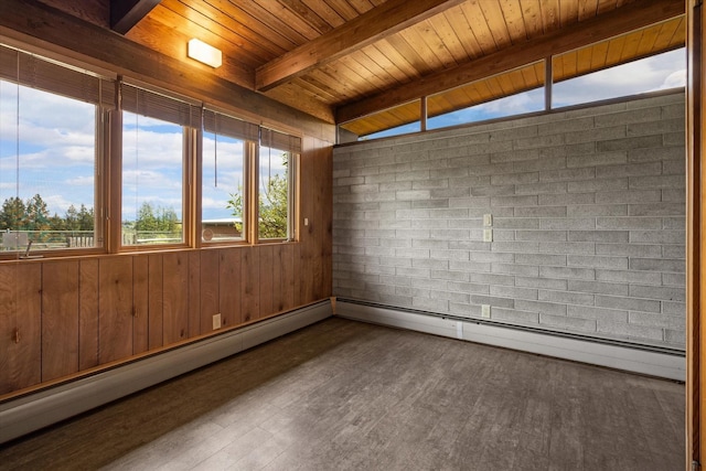 unfurnished sunroom with wooden ceiling, beamed ceiling, and baseboard heating