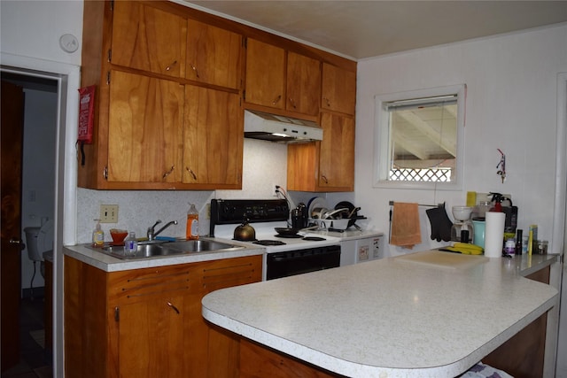 kitchen featuring tasteful backsplash, kitchen peninsula, sink, and electric range oven