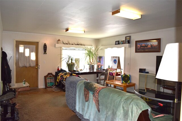 carpeted living area featuring ornamental molding and a healthy amount of sunlight