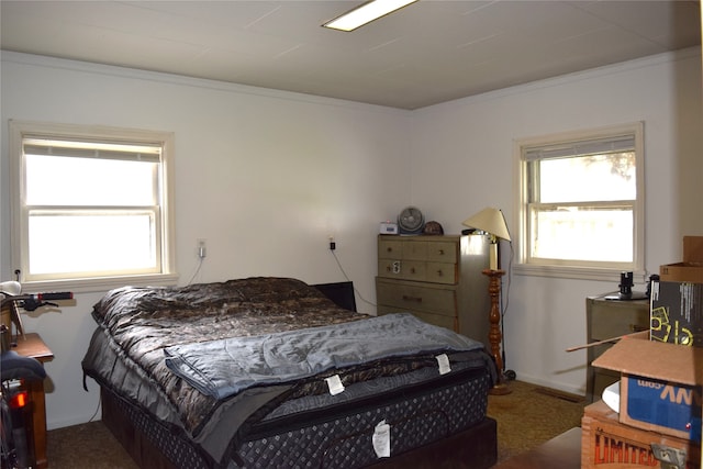 carpeted bedroom with crown molding and multiple windows