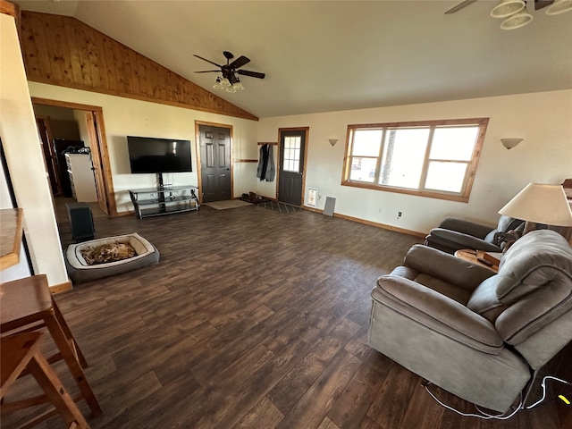 living room featuring dark wood-type flooring, high vaulted ceiling, and ceiling fan