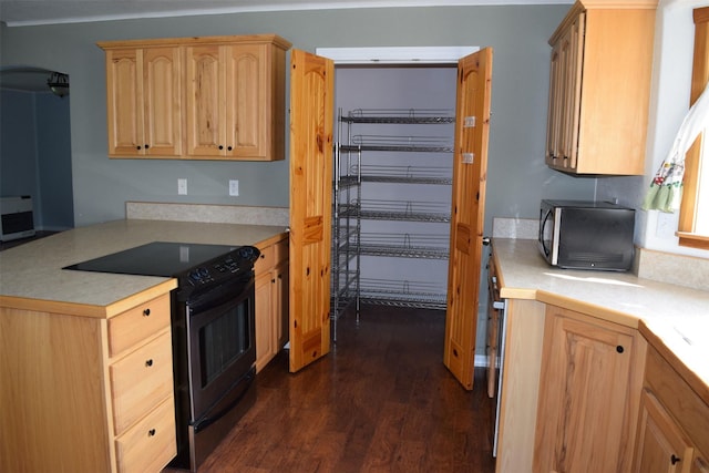 kitchen featuring light brown cabinets, black / electric stove, and dark wood-type flooring