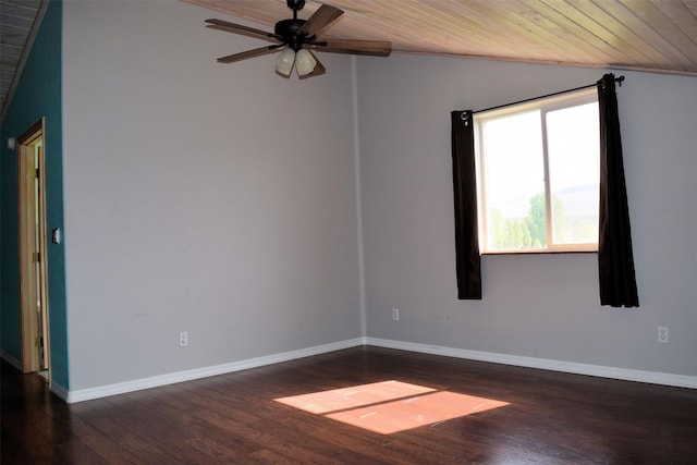 spare room featuring ceiling fan, wood ceiling, dark wood-type flooring, and vaulted ceiling