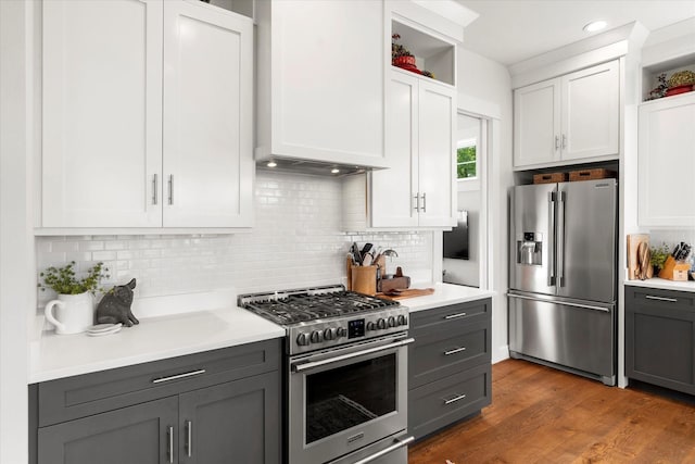 kitchen with gray cabinets, white cabinetry, appliances with stainless steel finishes, and tasteful backsplash