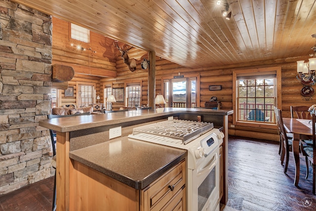 kitchen with wooden ceiling, rustic walls, and dark hardwood / wood-style floors