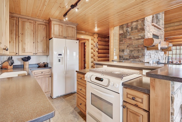 kitchen featuring rail lighting, wood ceiling, sink, rustic walls, and white appliances