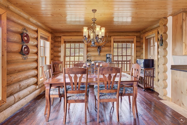 dining area featuring plenty of natural light, dark hardwood / wood-style flooring, an inviting chandelier, log walls, and wooden ceiling